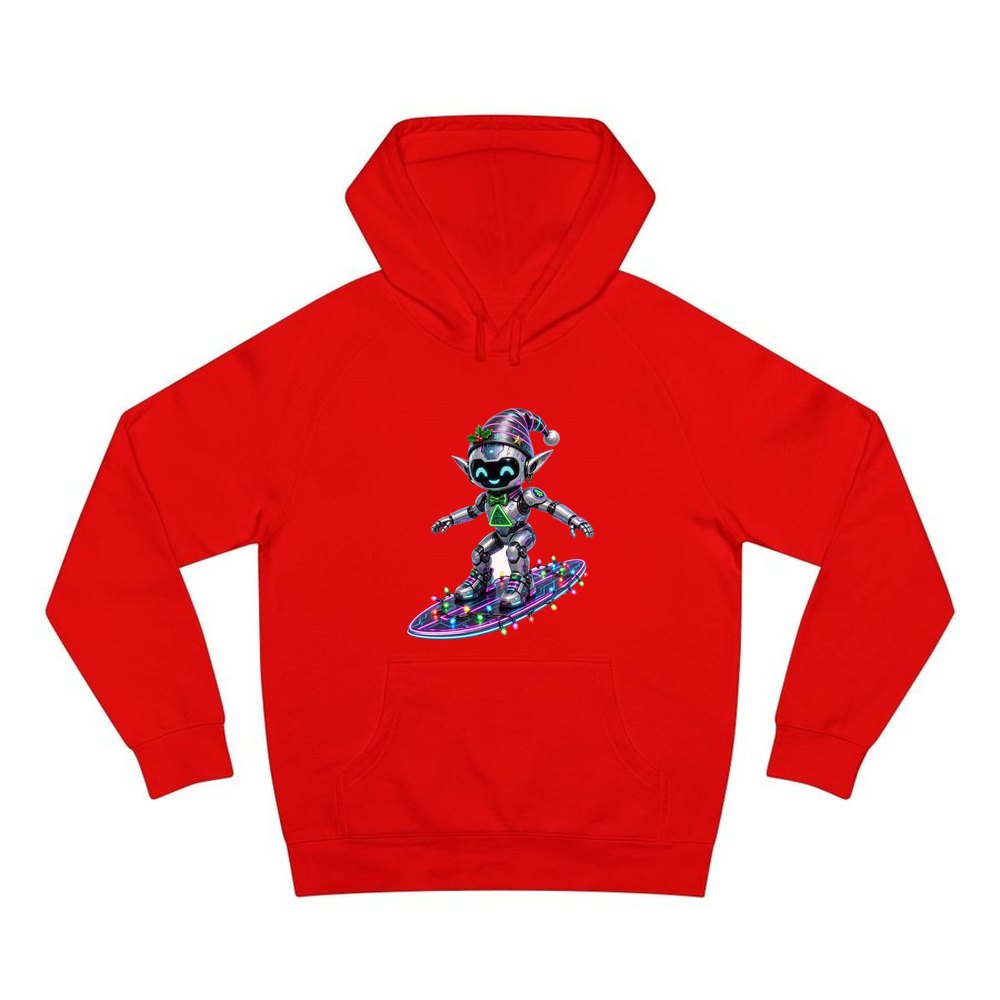 Robot Elf Surfing personalised Christmas hoodie in red