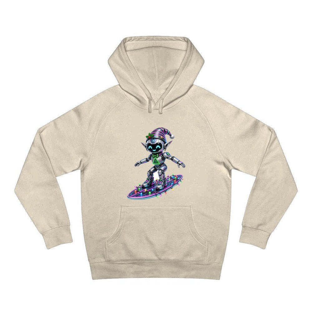 Robot Elf Surfing personalised Christmas hoodie in sand