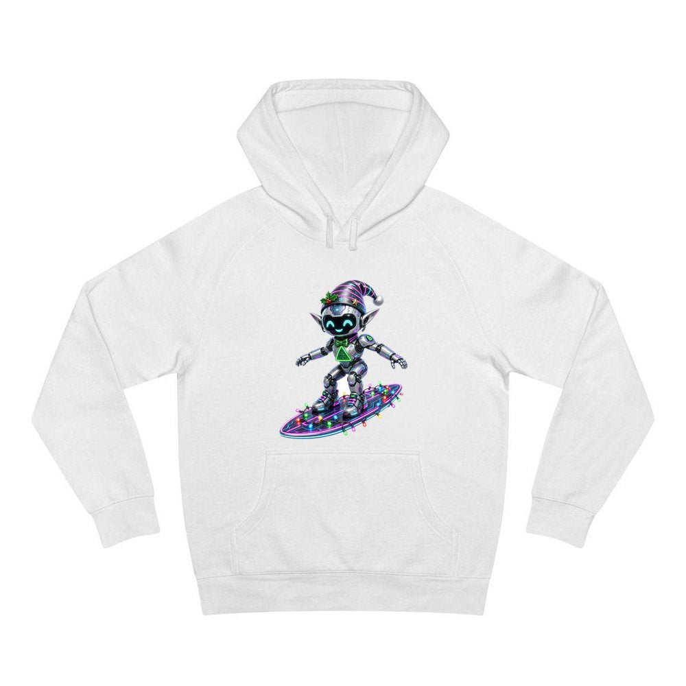 Robot Elf Surfing personalised Christmas hoodie in white