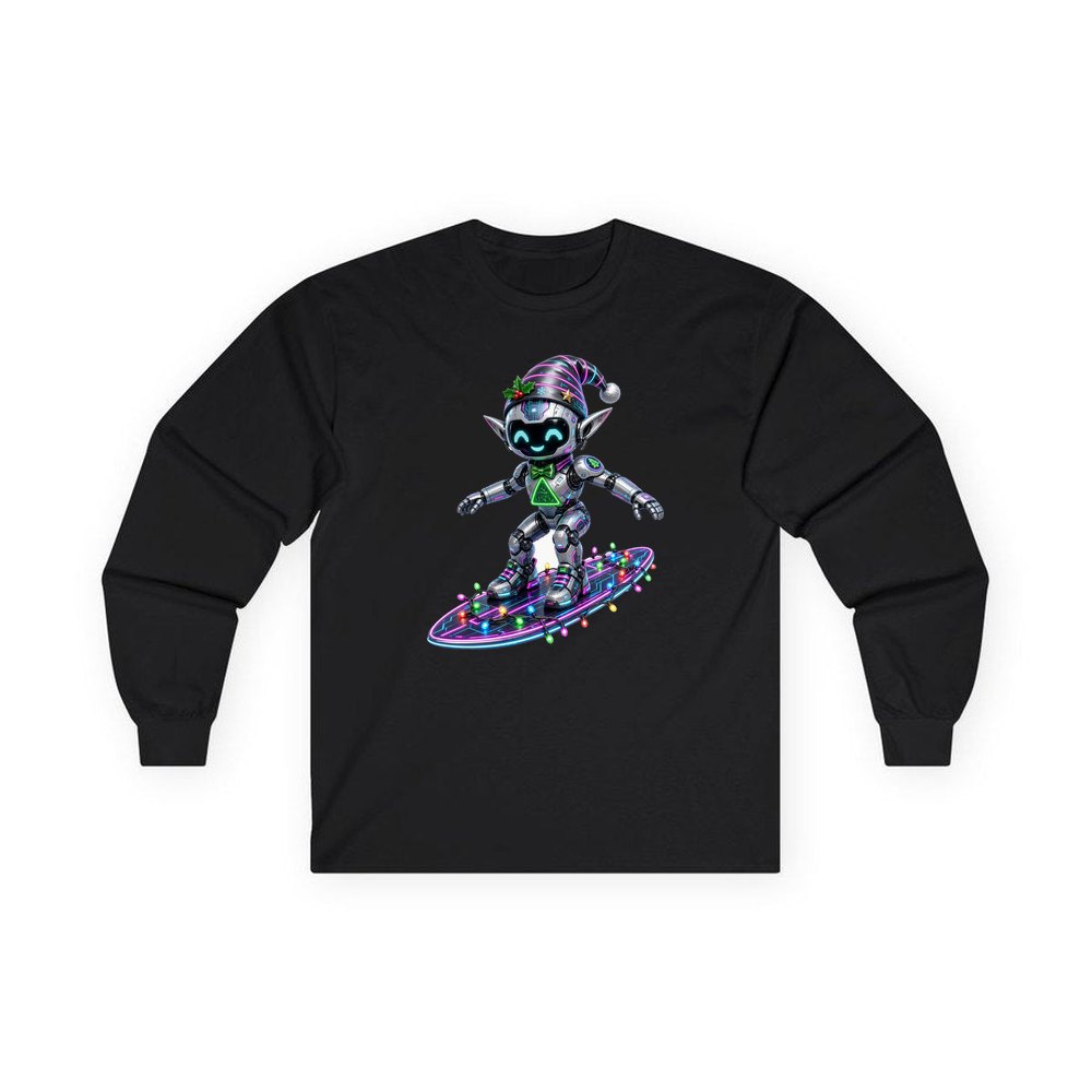 Robot Elf Surfing personalised long sleeve Christmas T-shirt in black