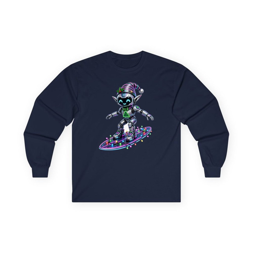 Robot Elf Surfing personalised long sleeve Christmas T-shirt in navy