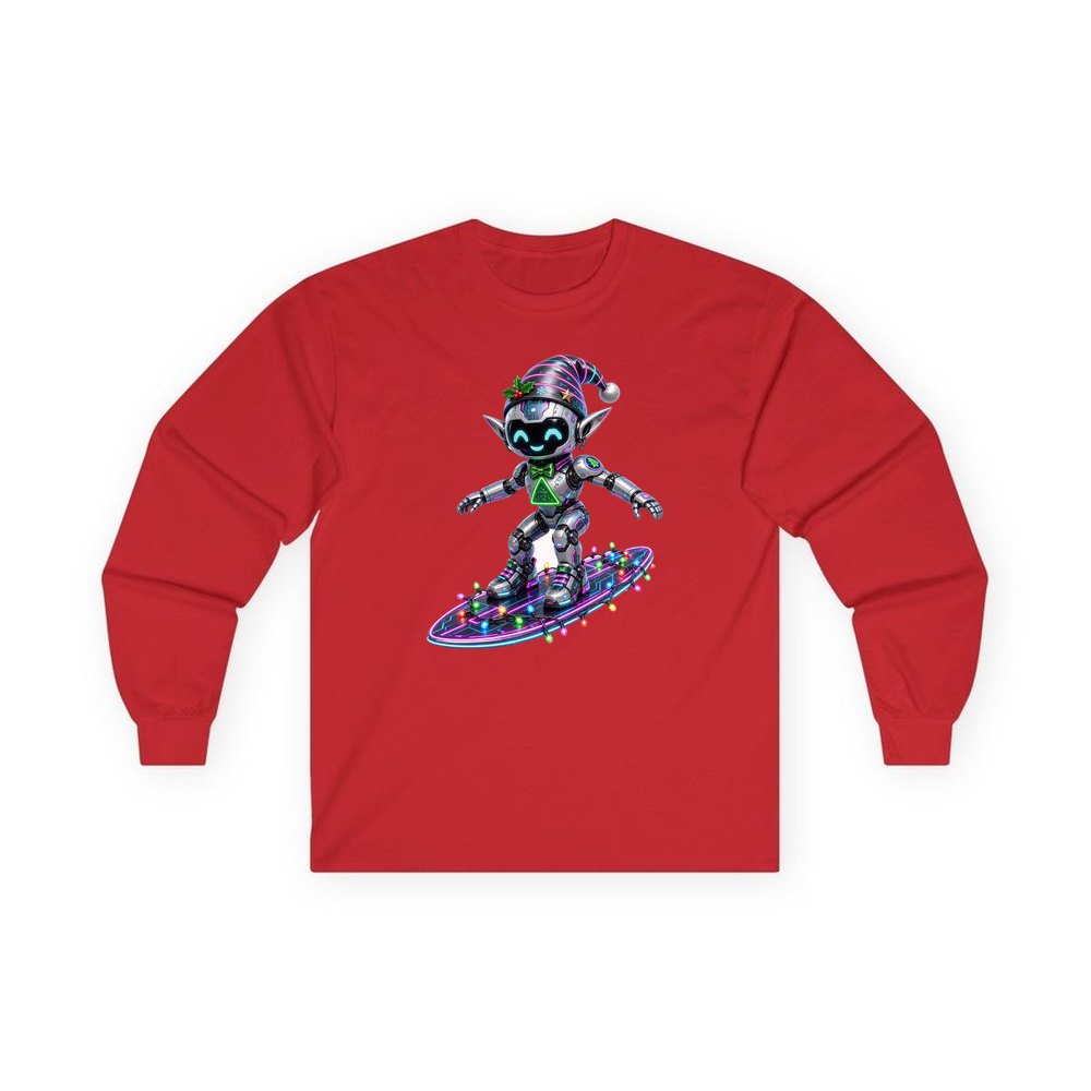 Robot Elf Surfing personalised long sleeve Christmas T-shirt in red