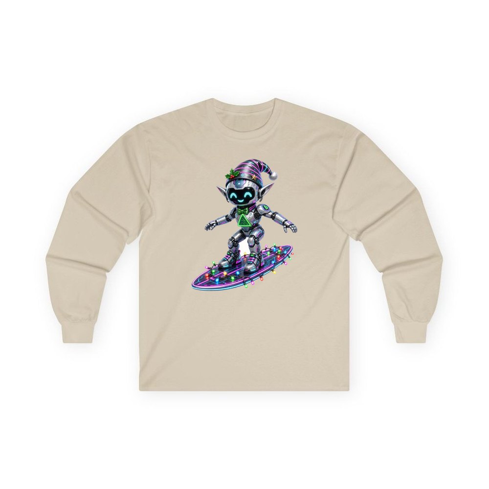 Robot Elf Surfing personalised long sleeve Christmas T-shirt in sand