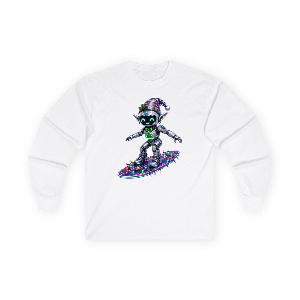 Robot Elf Surfing personalised long sleeve Christmas T-shirt in white