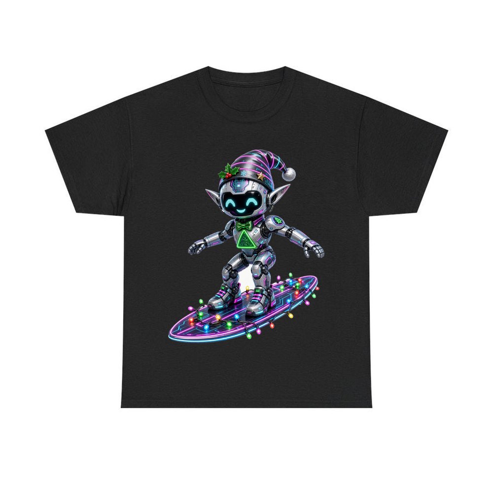 Robot Elf Surfing personalised Christmas T-shirt in black
