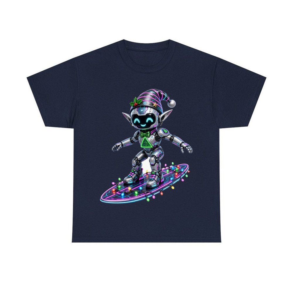 Robot Elf Surfing personalised Christmas T-shirt in navy