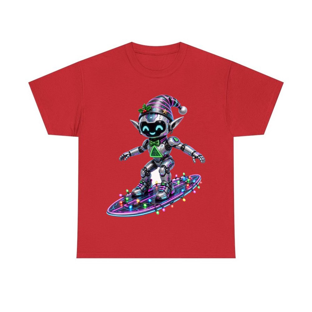 Robot Elf Surfing personalised Christmas T-shirt in red