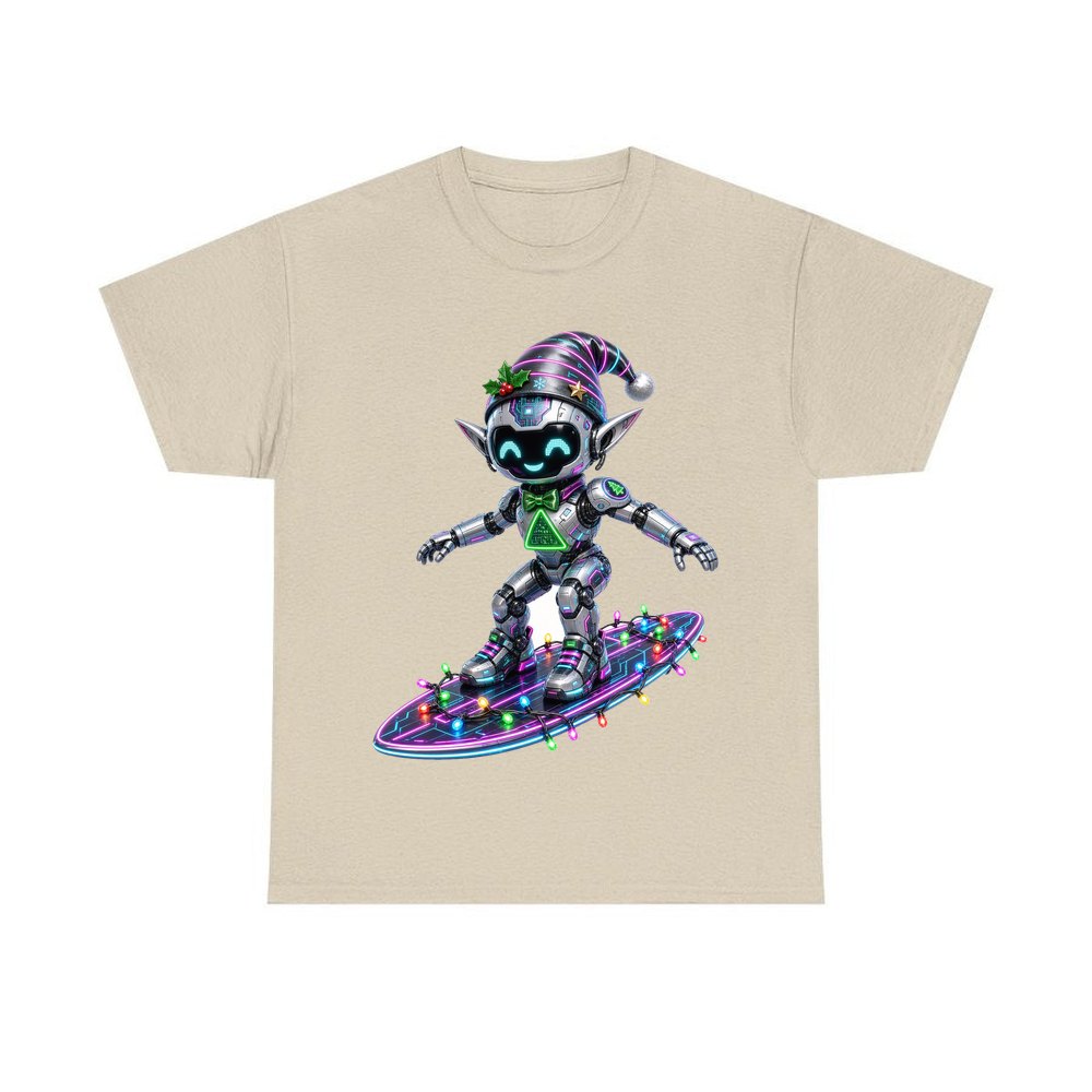 Robot Elf Surfing personalised Christmas T-shirt in sand