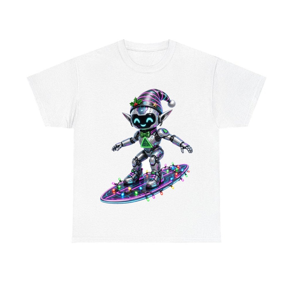 Robot Elf Surfing personalised Christmas T-shirt in white
