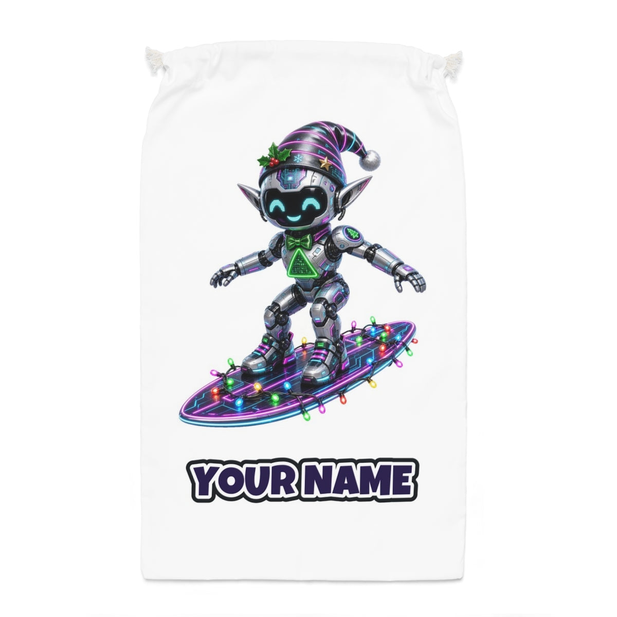 Robot Elf Surfing Santa sack laid flat, showing the full print