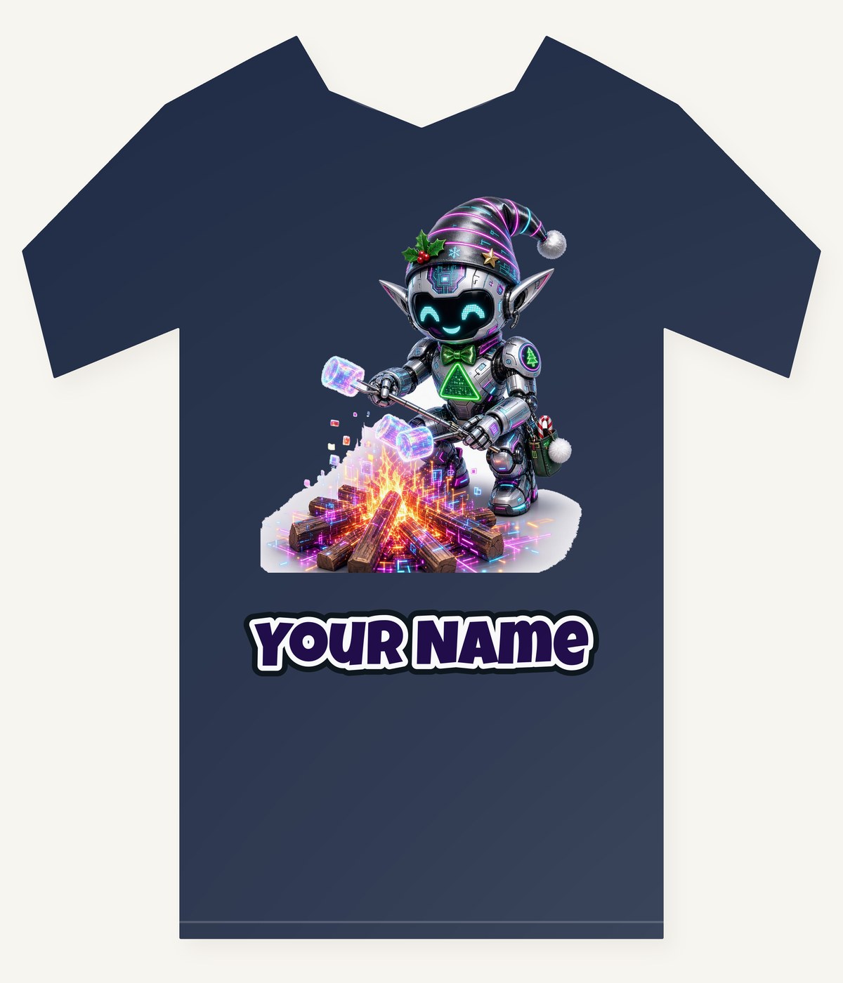 Robot Elf Toasting Marshmallows Personalised Kids and Baby Christmas Tee