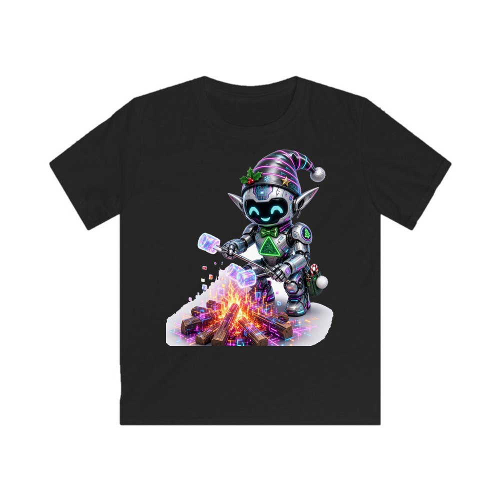 Robot Elf Toasting Marshmallows personalised kids Christmas tee in black