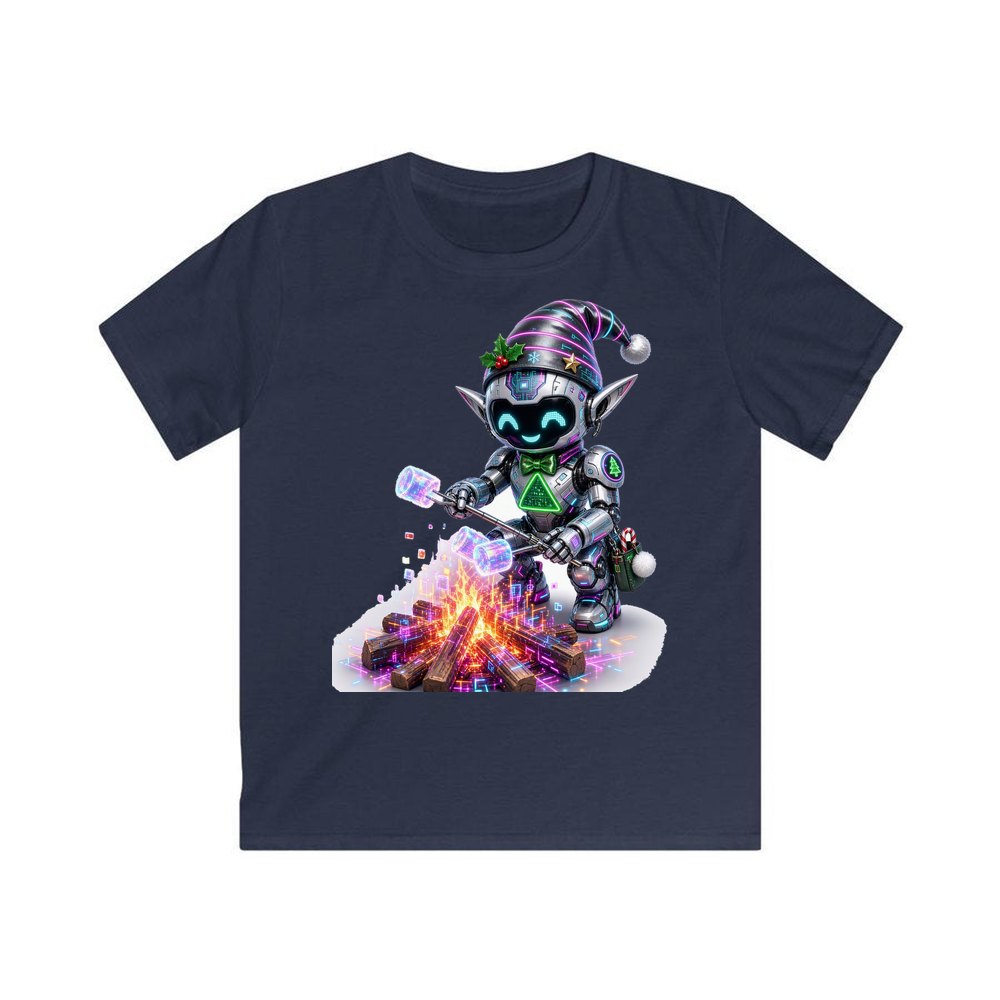 Robot Elf Toasting Marshmallows personalised kids Christmas tee in navy