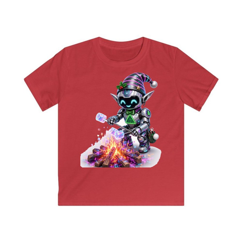 Robot Elf Toasting Marshmallows personalised kids Christmas tee in red