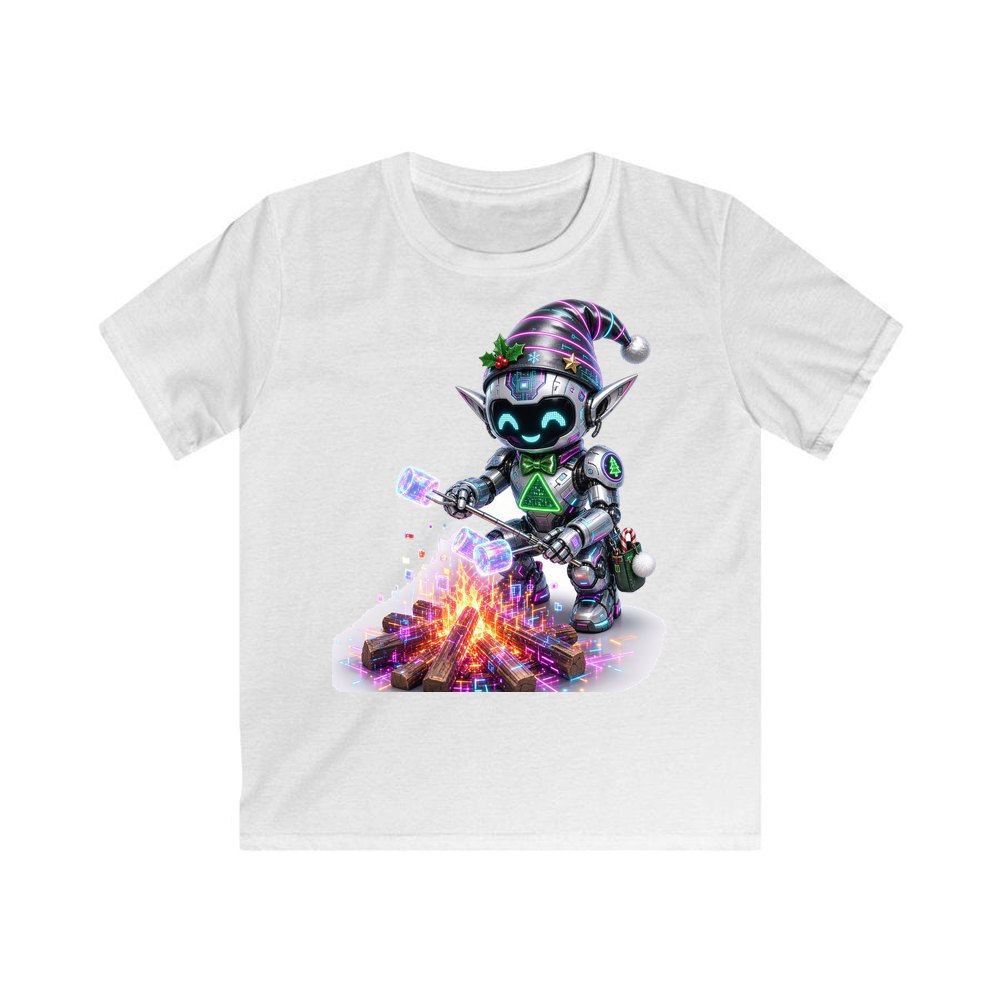 Robot Elf Toasting Marshmallows personalised kids Christmas tee in white