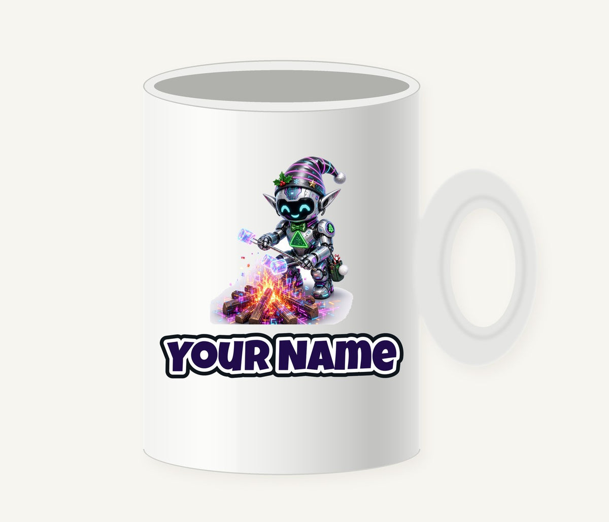 Robot Elf Toasting Marshmallows Personalised Christmas Mug