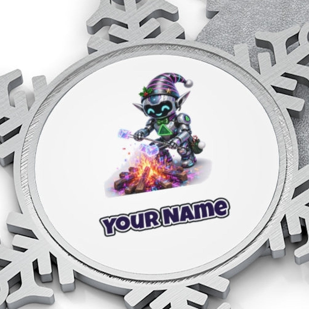 Robot Elf Toasting Marshmallows Personalised Pewter Christmas Ornament