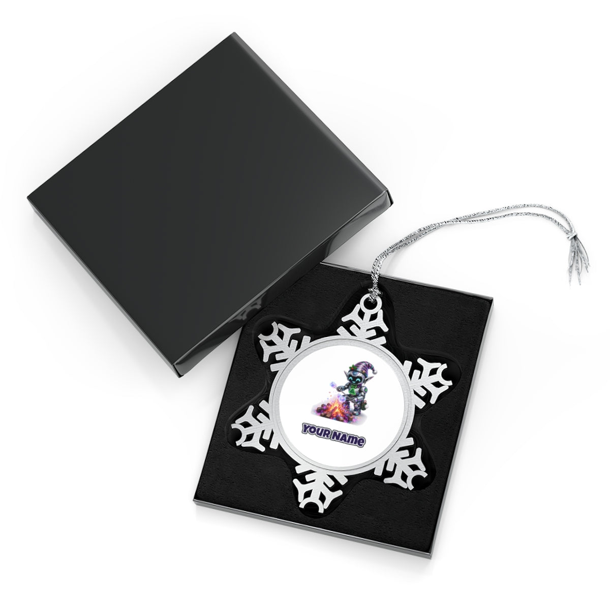 Robot Elf Toasting Marshmallows Personalised Pewter Christmas Ornament
