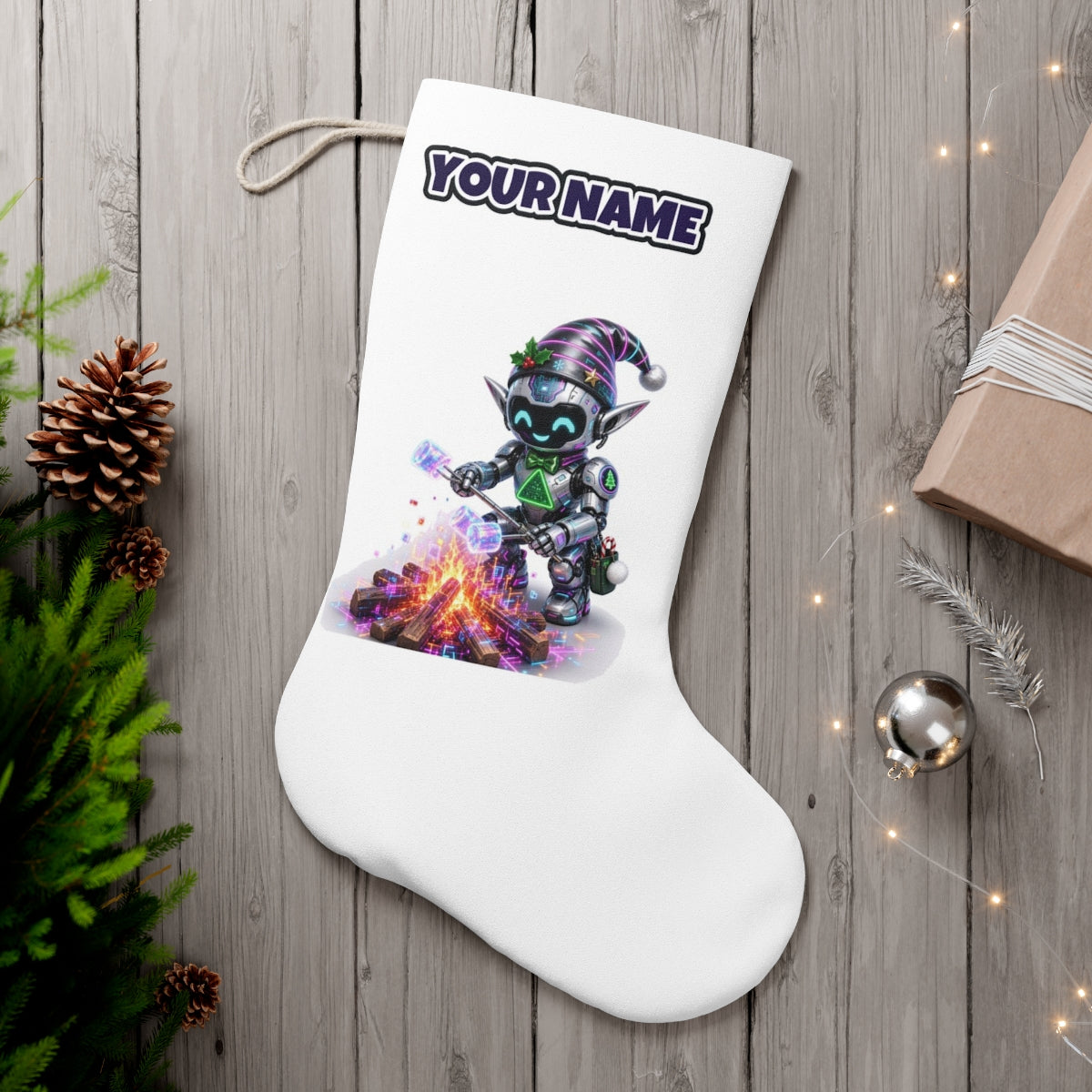 Robot Elf Toasting Marshmallows personalised Christmas stocking, white, with the name across the top