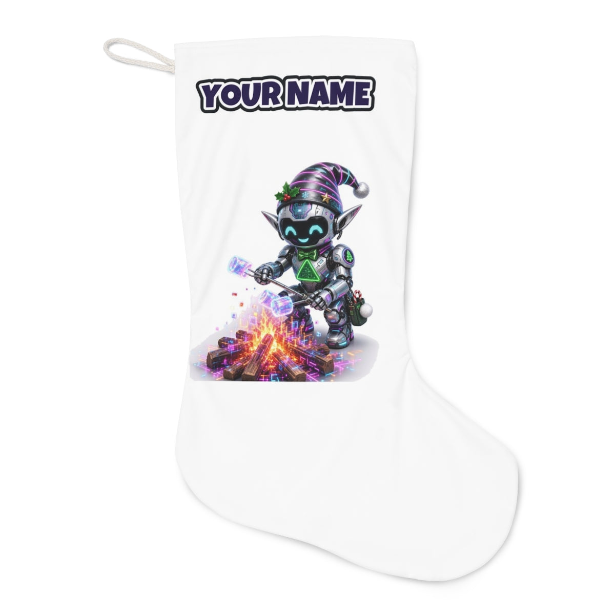 Robot Elf Toasting Marshmallows Christmas stocking laid flat, showing the full print