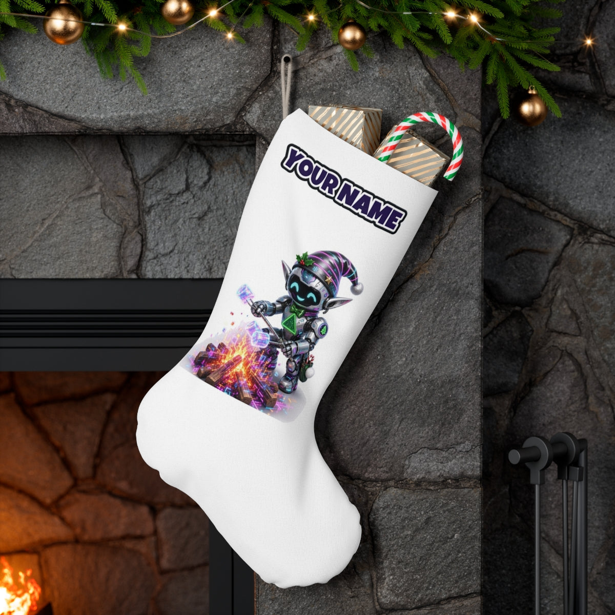 Robot Elf Toasting Marshmallows personalised Christmas stocking hanging on a mantel