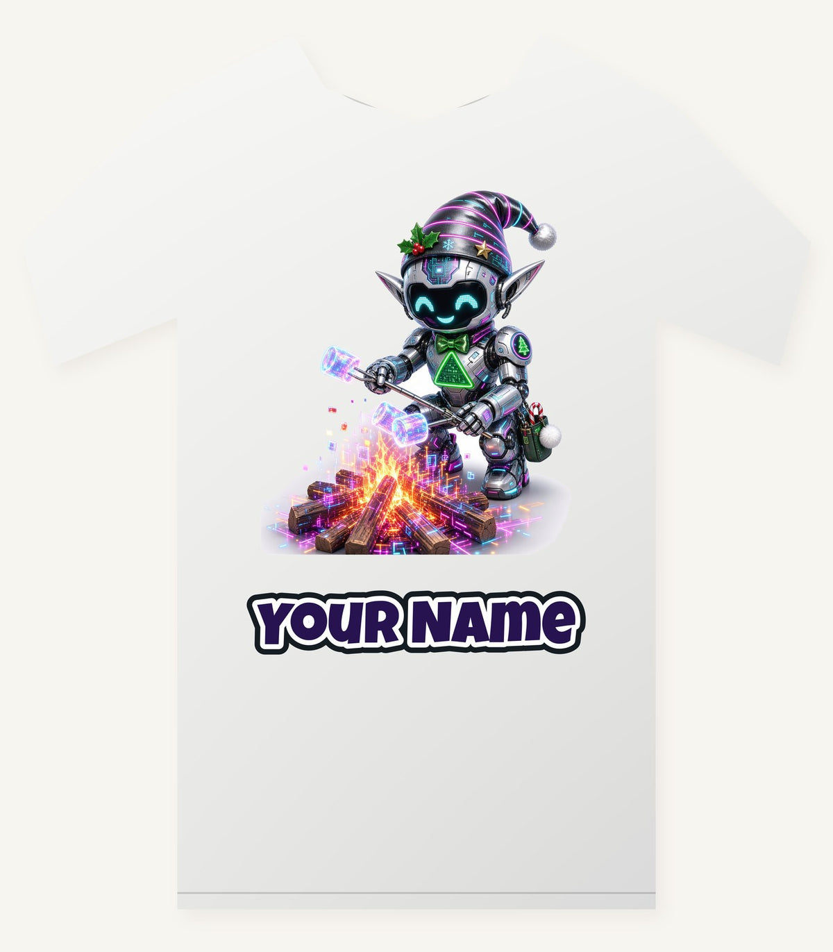 Robot Elf Toasting Marshmallows Personalised Christmas T-Shirt and Hoodie