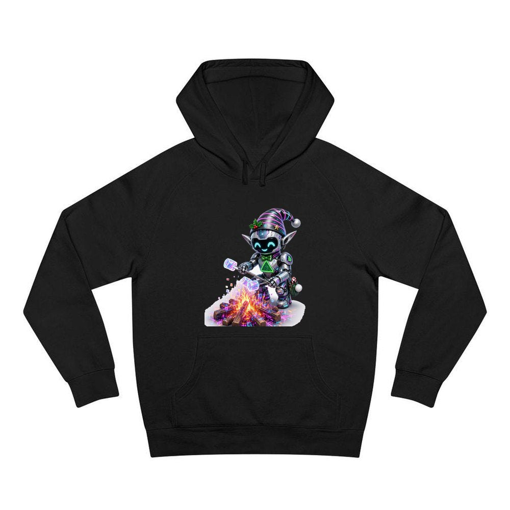 Robot Elf Toasting Marshmallows personalised Christmas hoodie in black