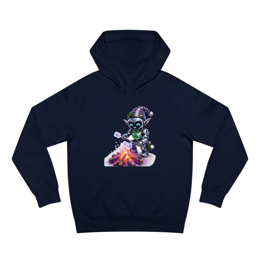 Robot Elf Toasting Marshmallows personalised Christmas hoodie in navy