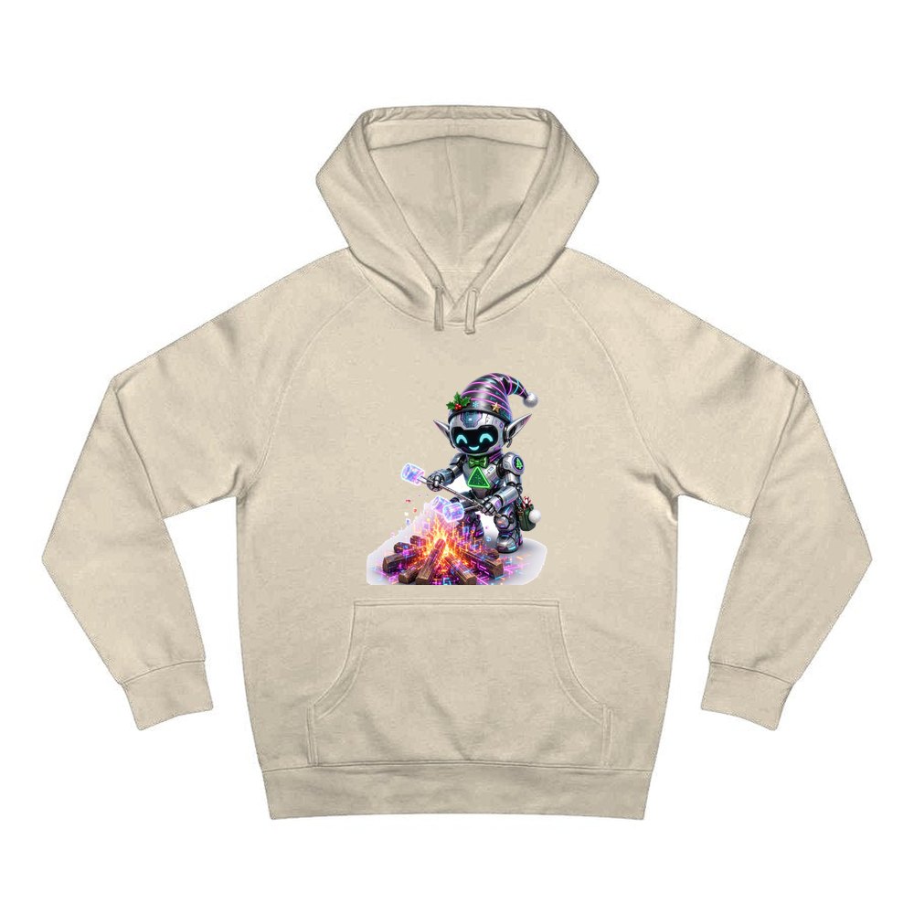 Robot Elf Toasting Marshmallows personalised Christmas hoodie in sand