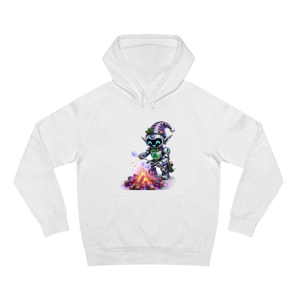 Robot Elf Toasting Marshmallows personalised Christmas hoodie in white