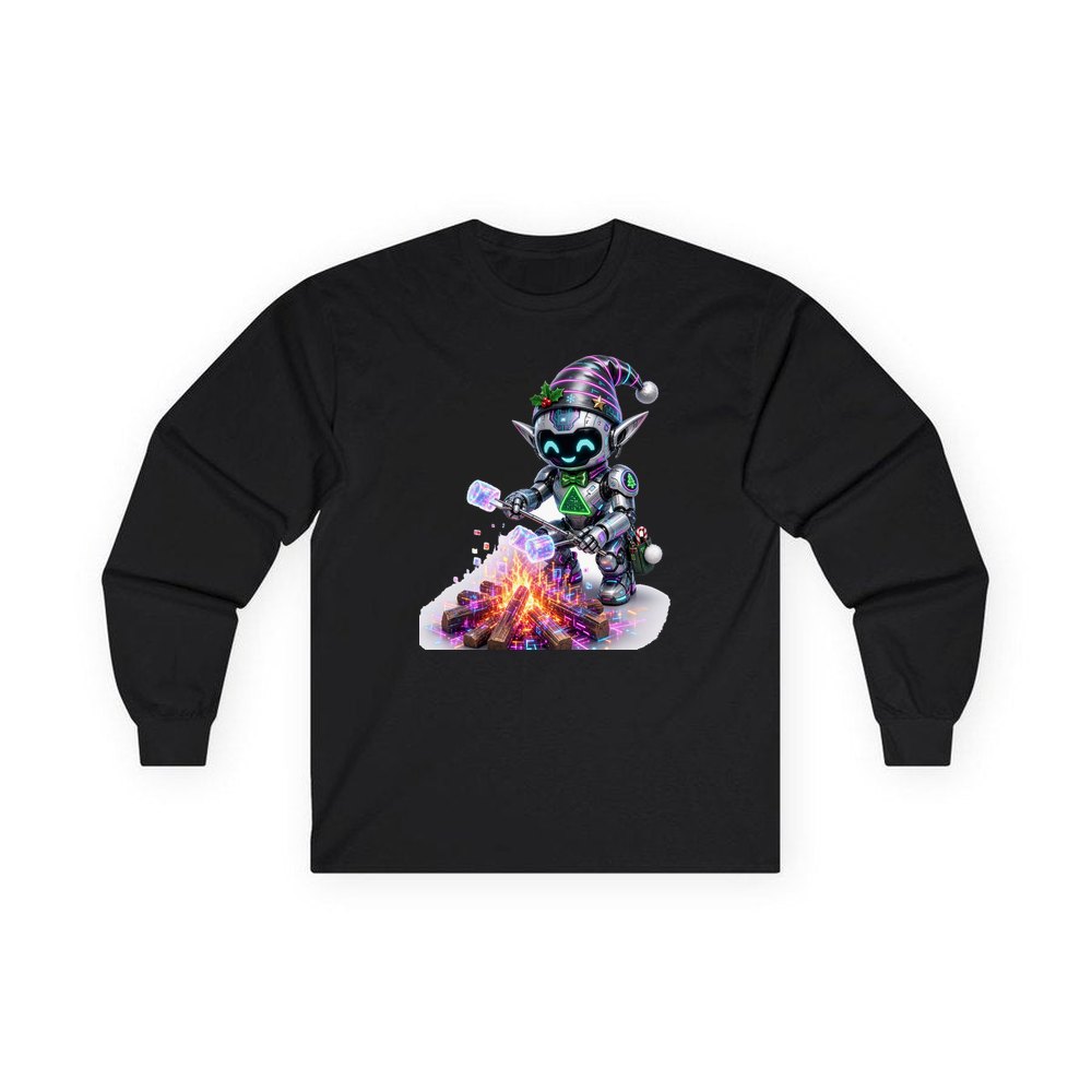 Robot Elf Toasting Marshmallows personalised long sleeve Christmas T-shirt in black