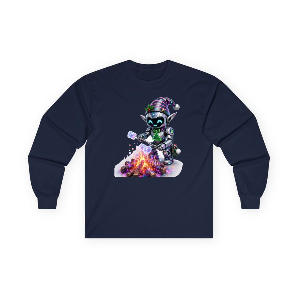 Robot Elf Toasting Marshmallows personalised long sleeve Christmas T-shirt in navy