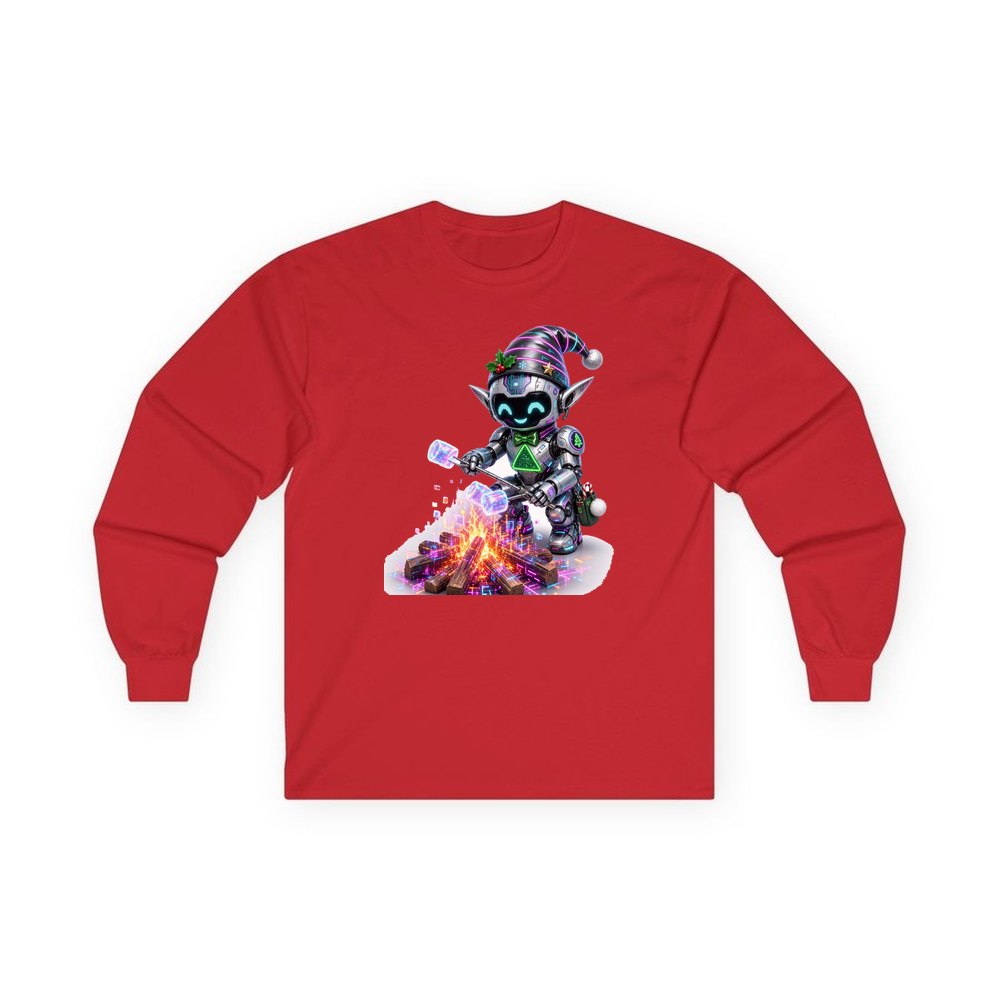 Robot Elf Toasting Marshmallows personalised long sleeve Christmas T-shirt in red