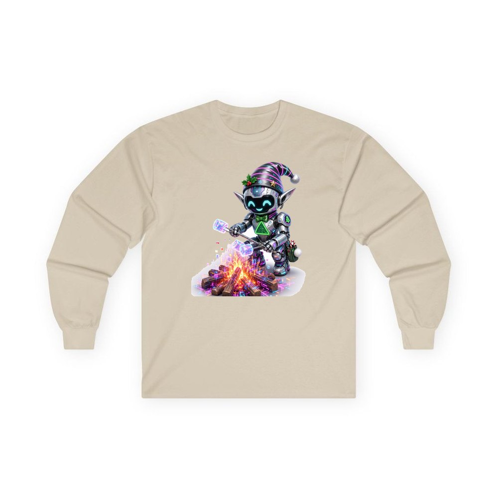 Robot Elf Toasting Marshmallows personalised long sleeve Christmas T-shirt in sand