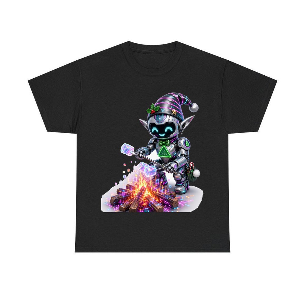 Robot Elf Toasting Marshmallows personalised Christmas T-shirt in black