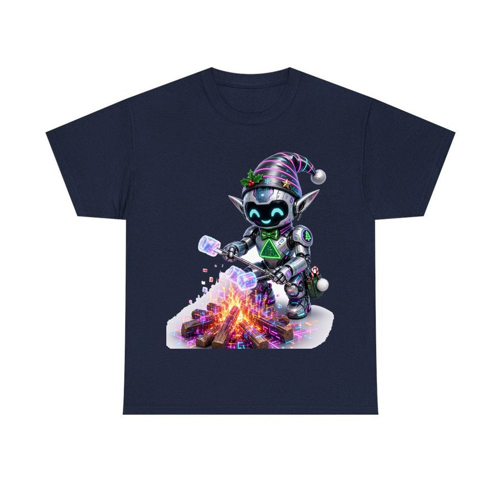 Robot Elf Toasting Marshmallows personalised Christmas T-shirt in navy