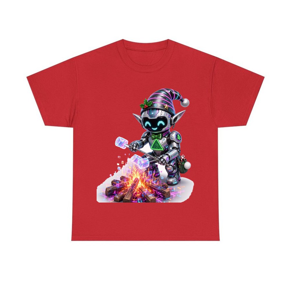 Robot Elf Toasting Marshmallows personalised Christmas T-shirt in red