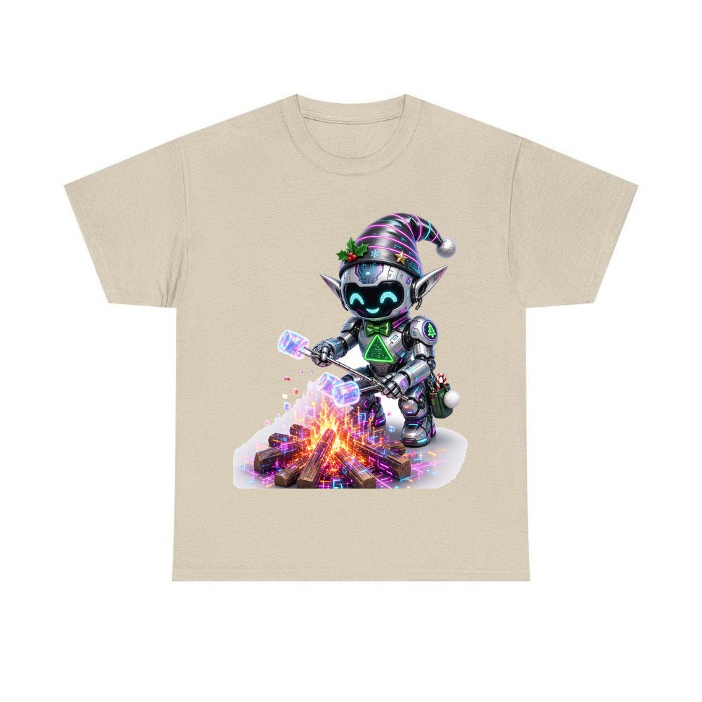 Robot Elf Toasting Marshmallows personalised Christmas T-shirt in sand