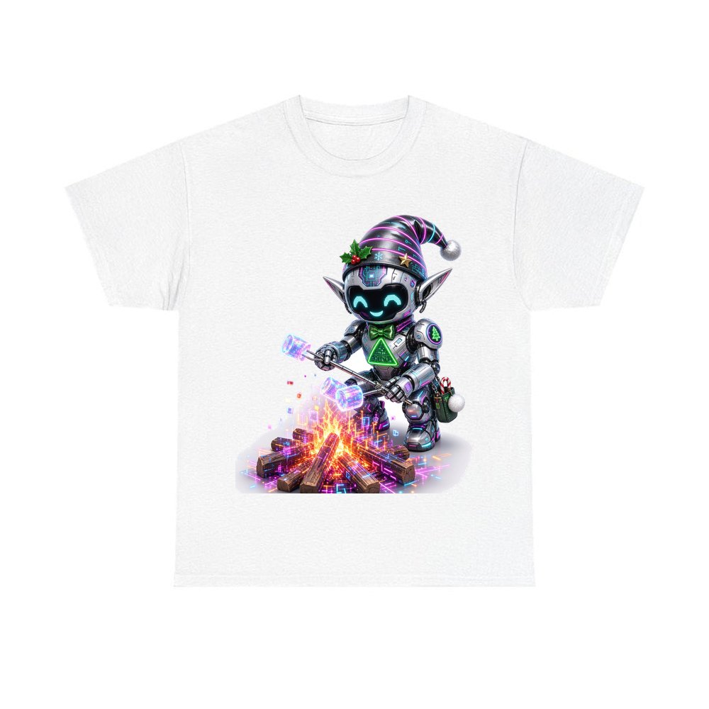 Robot Elf Toasting Marshmallows personalised Christmas T-shirt in white