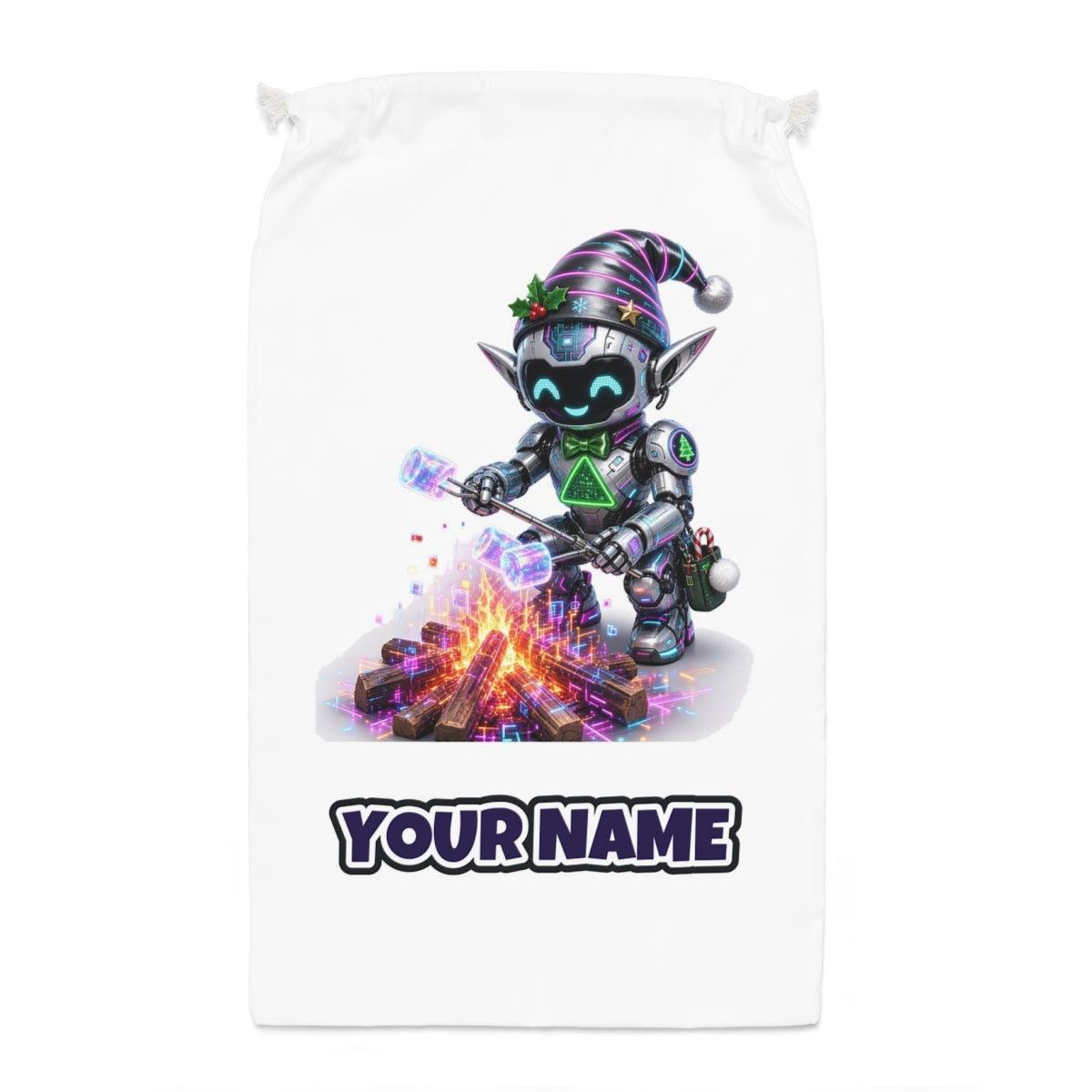 Robot Elf Toasting Marshmallows Santa sack laid flat, showing the full print