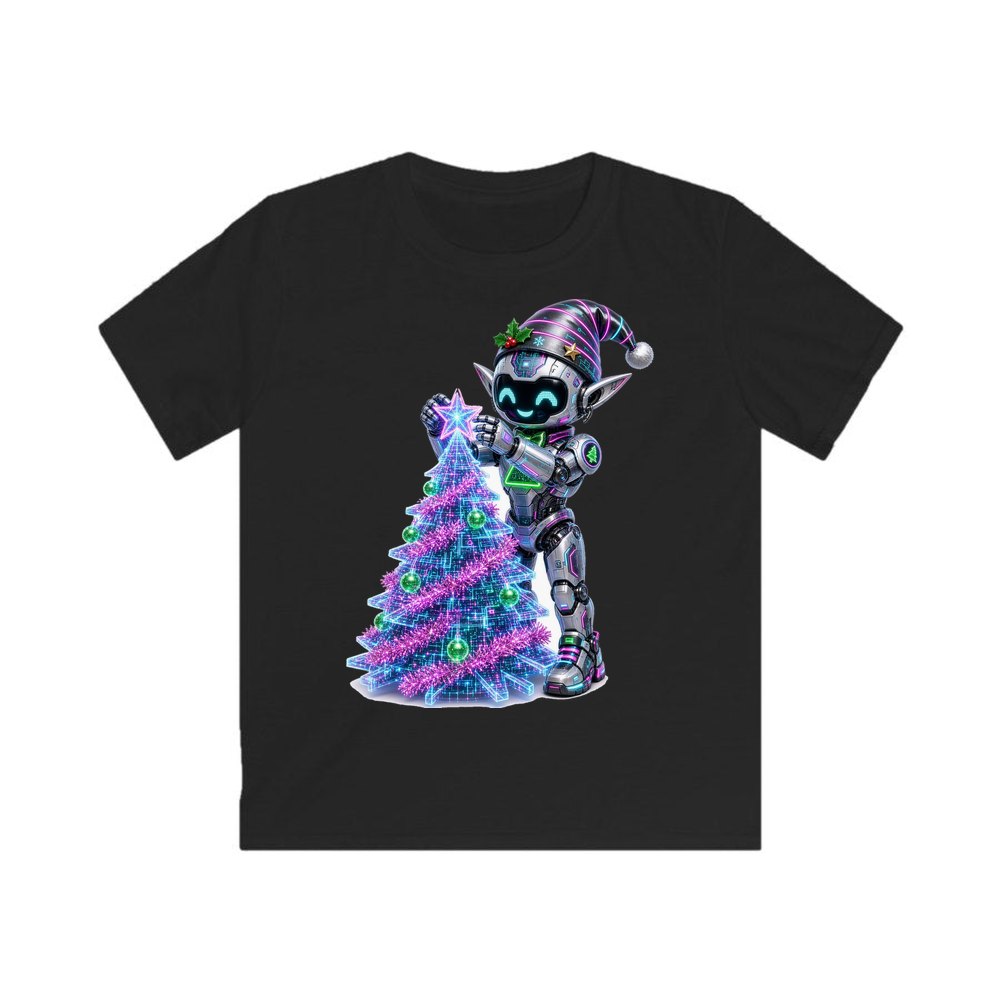 Robot Elf Trimming the Tree personalised kids Christmas tee in black