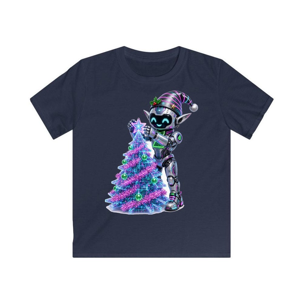 Robot Elf Trimming the Tree personalised kids Christmas tee in navy