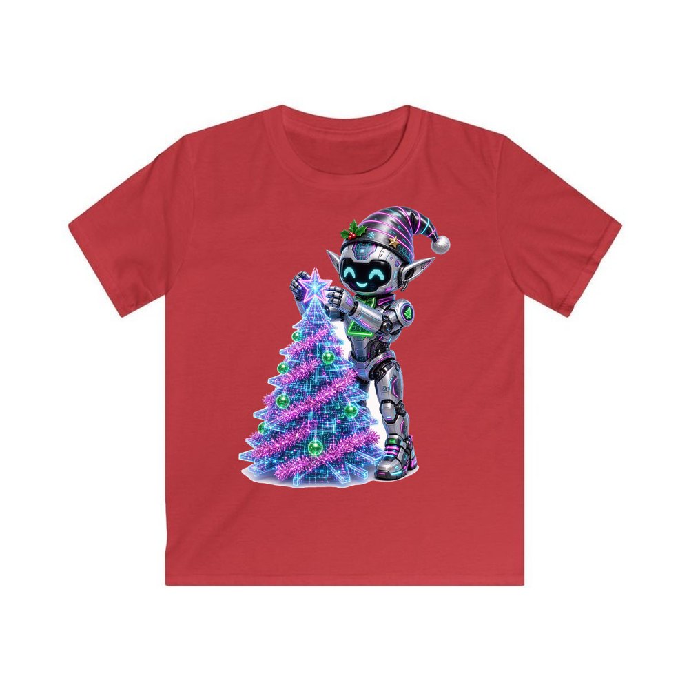 Robot Elf Trimming the Tree personalised kids Christmas tee in red