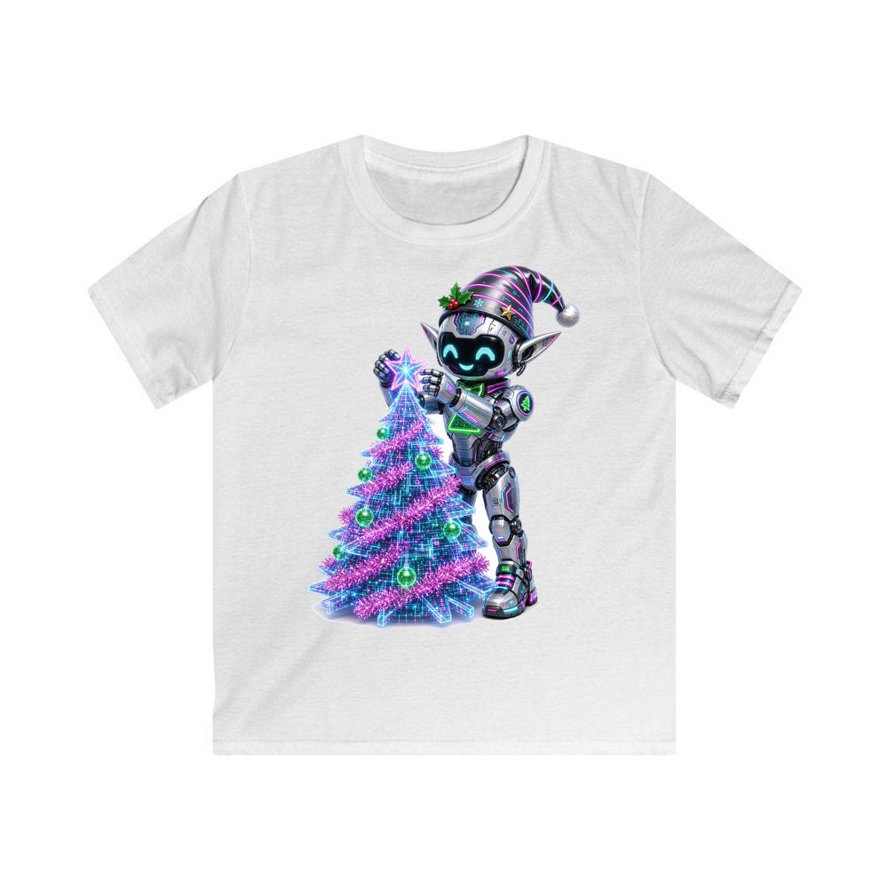 Robot Elf Trimming the Tree personalised kids Christmas tee in white
