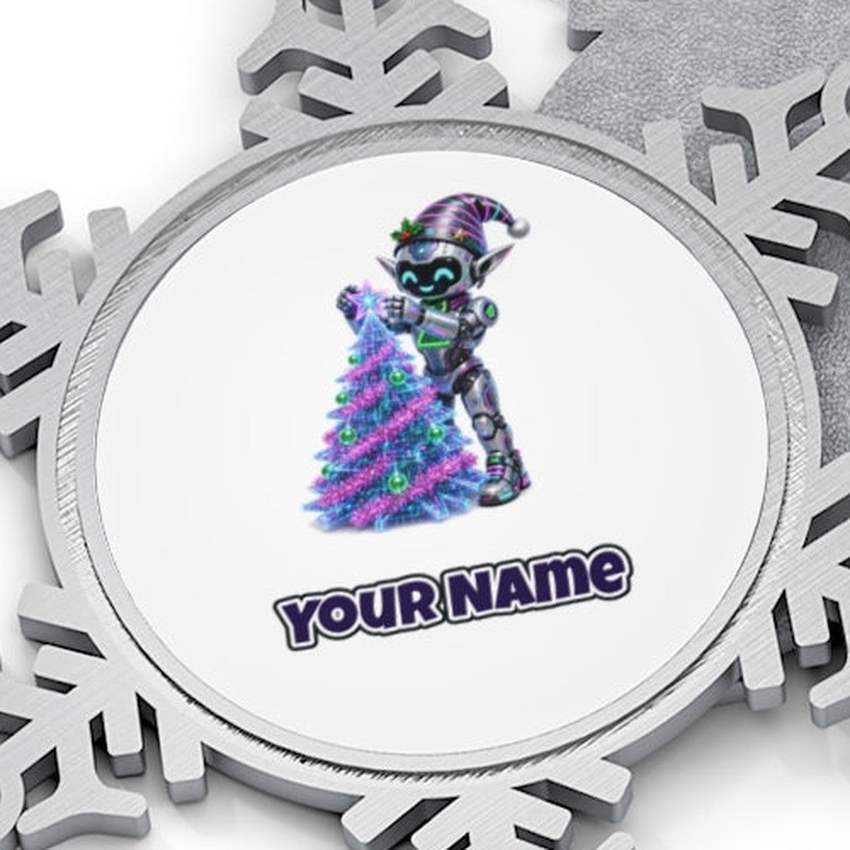 Robot Elf Trimming the Tree Personalised Pewter Christmas Ornament