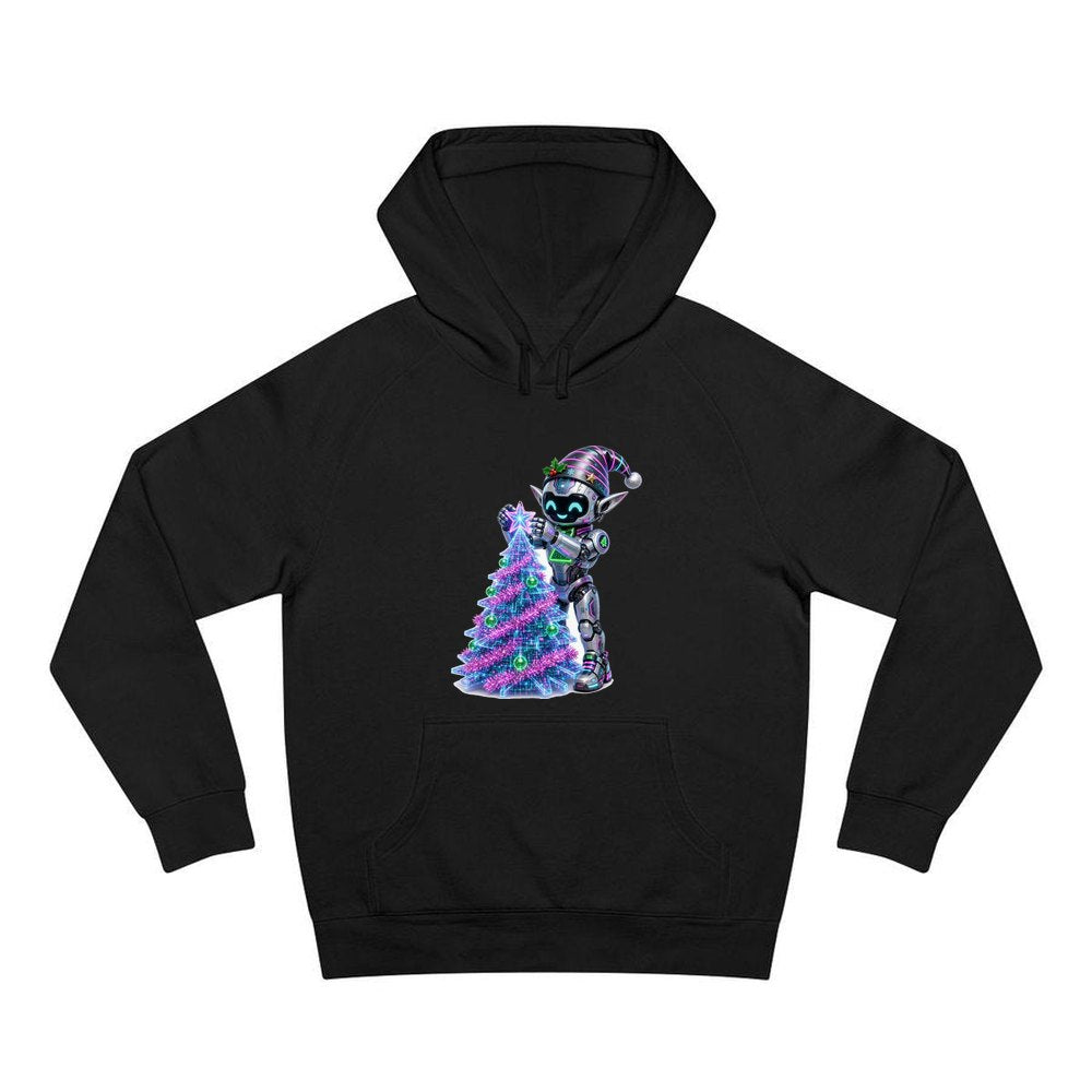 Robot Elf Trimming the Tree personalised Christmas hoodie in black