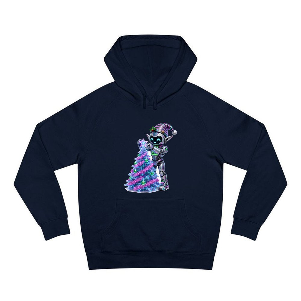 Robot Elf Trimming the Tree personalised Christmas hoodie in navy