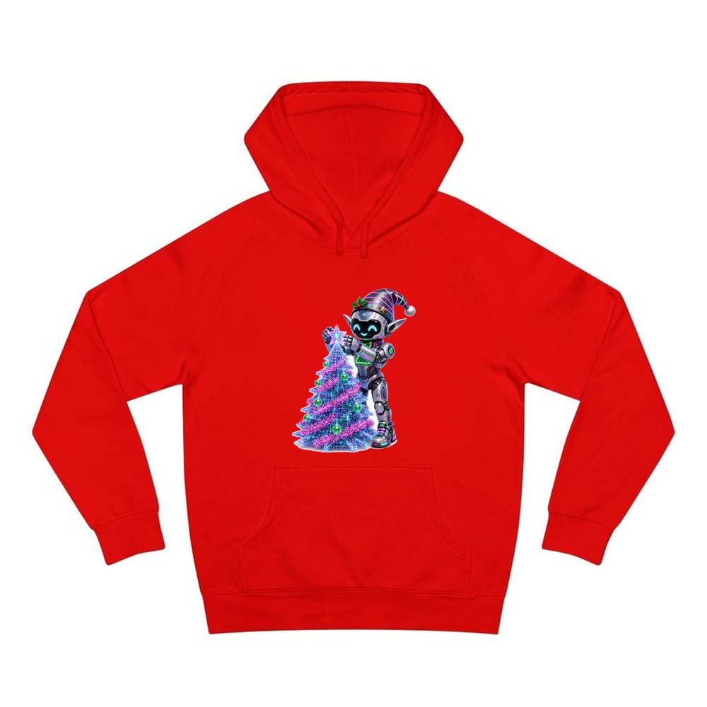 Robot Elf Trimming the Tree personalised Christmas hoodie in red