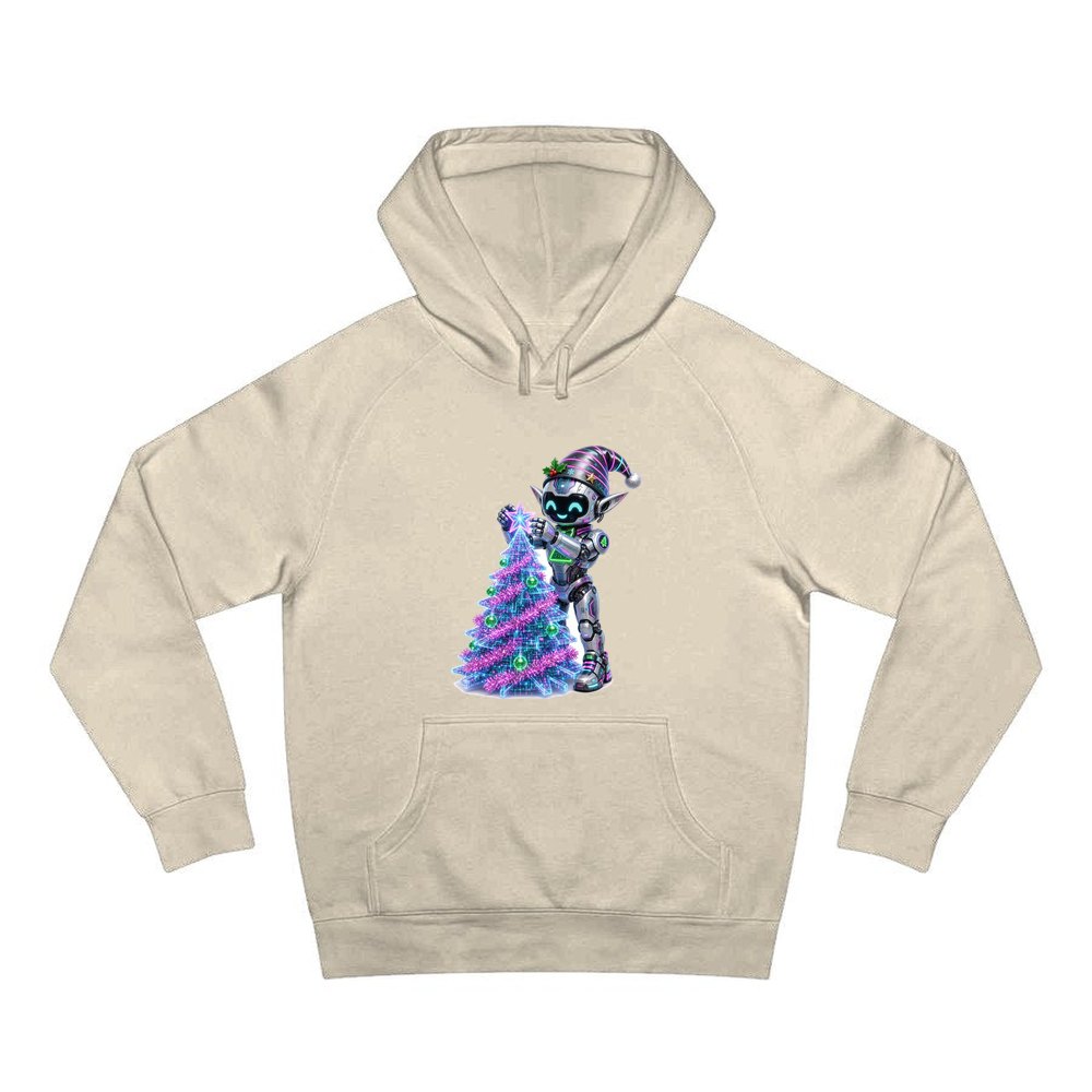 Robot Elf Trimming the Tree personalised Christmas hoodie in sand