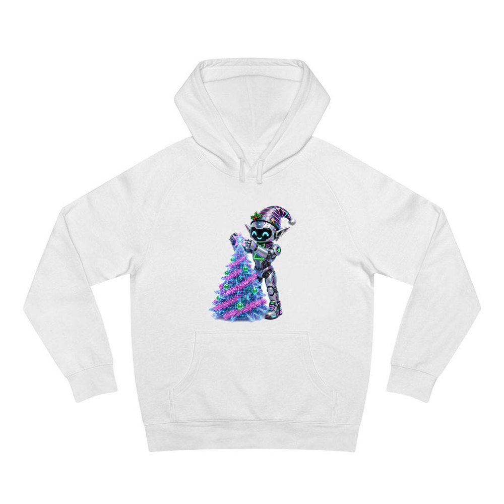 Robot Elf Trimming the Tree personalised Christmas hoodie in white